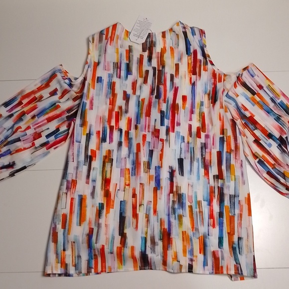 Colorful cold shoulder woman size large zip up lightweight satin feel. NWT - Picture 5 of 5